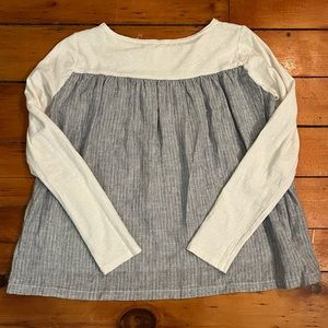 Cut loose medium white cotton and striped linen long sleeve shirt ruffles